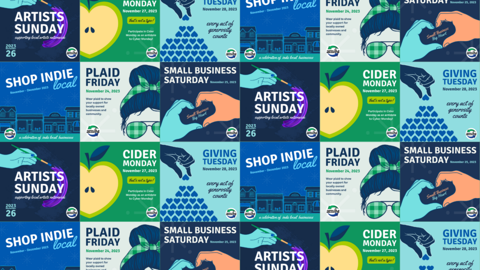 Graphics for Artists Sunday, Plaid Friday, Small Business Saturday, Cider Monday and Giving Tuesday shown on repeat.